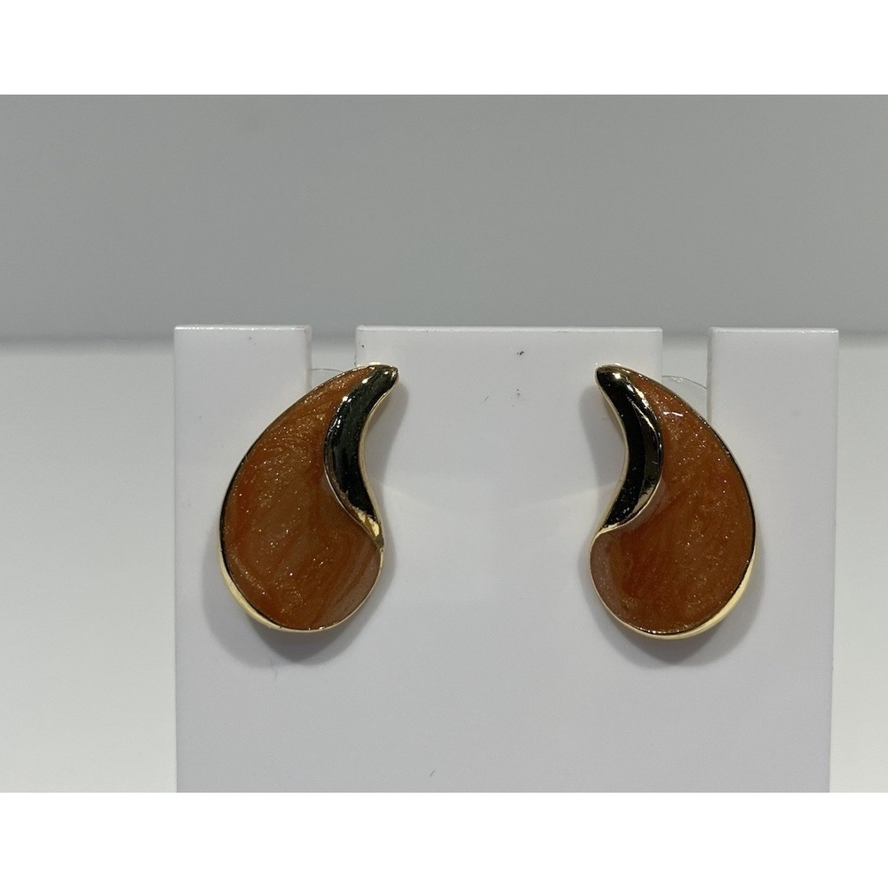 Vintage‎ Style Gold Tone Peach Swirl Enamel Teardrop Paisley Shape Stud Earrings